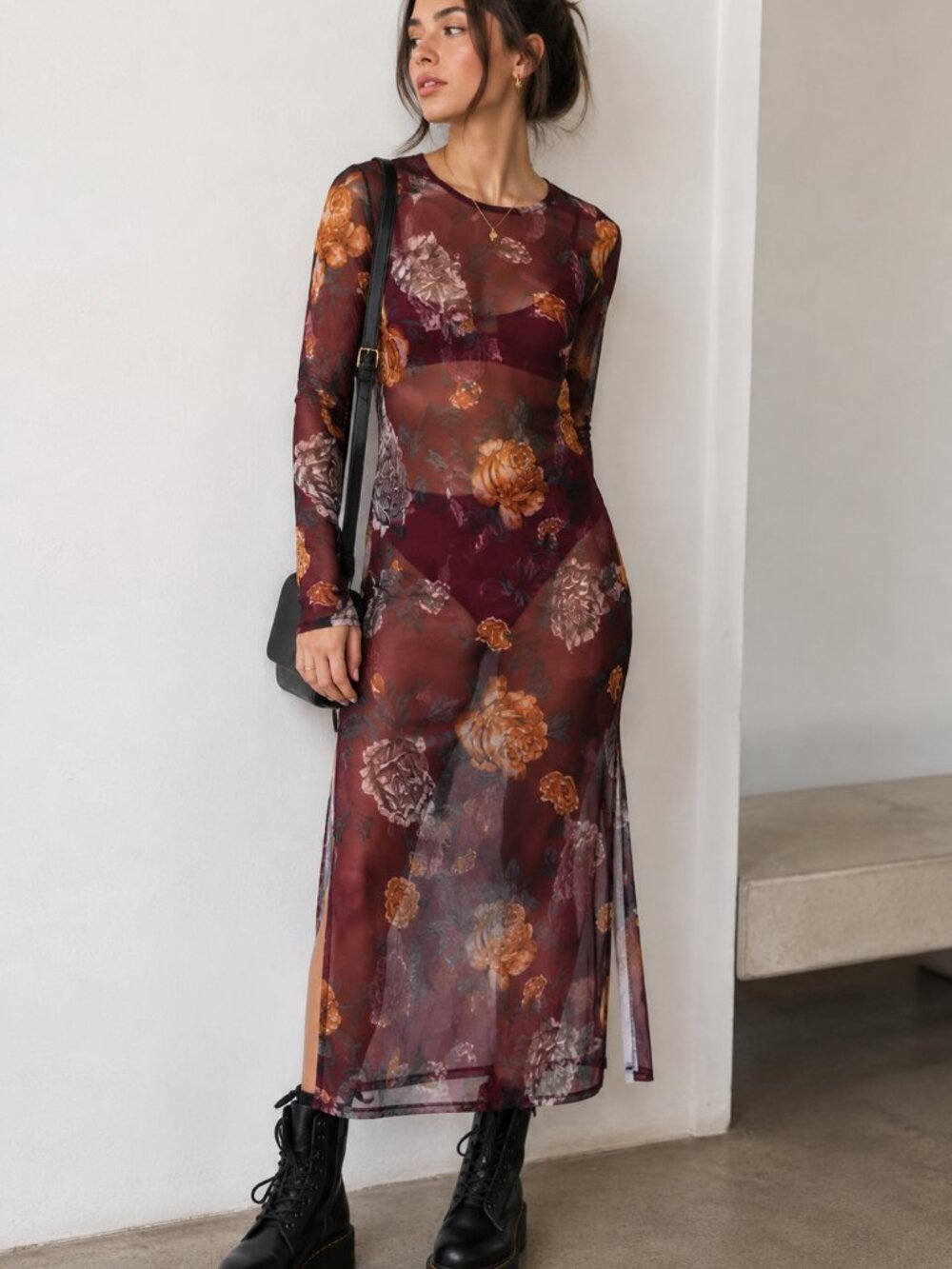 Whimsigoth Grunge Dark Floral Mesh Maxi Dress  Sz 2X Tunic Sheer Long Sleeves